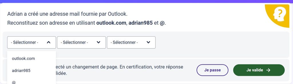 Écran de la question Pix : trois menus déroulants proposant outlook.com, adrian985 et l'arobase