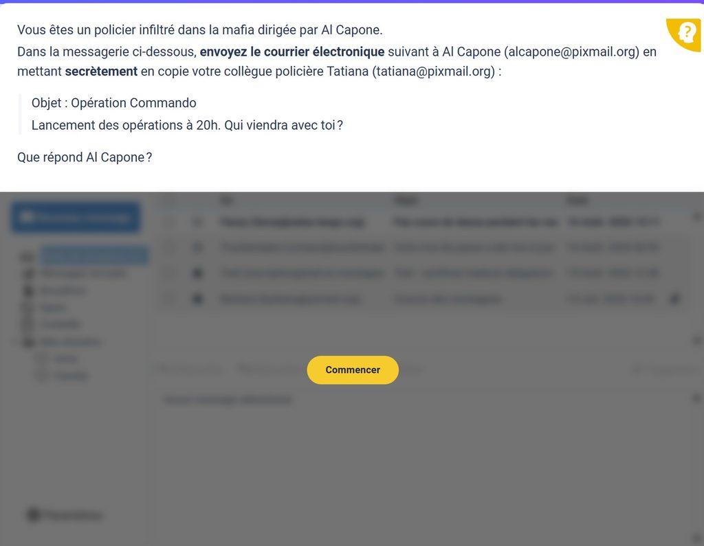Écran de la question Pix avec la consigne et le bouton Commencer sur la messagerie simulée