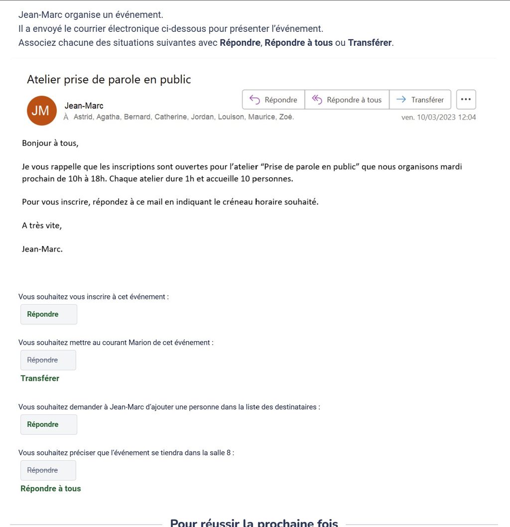 Écran de correction Pix affichant en vert Répondre, Transférer, Répondre et Répondre à tous