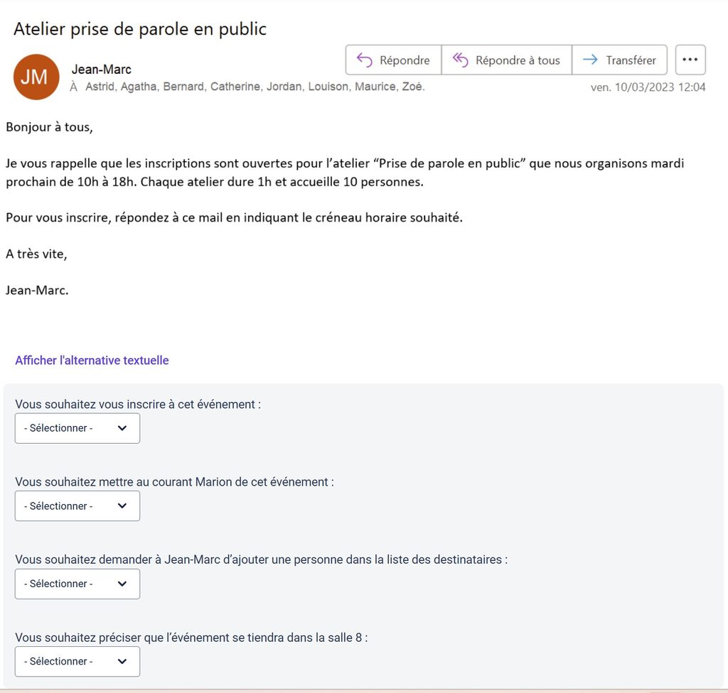 Le courrier de Jean-Marc annonçant l'atelier prise de parole en public, avec les quatre situations à associer