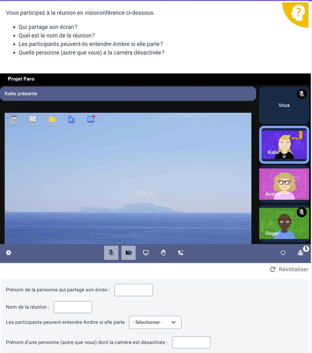 Écran de la question Pix : une réunion en visioconférence avec les vignettes des participants et quatre champs à remplir