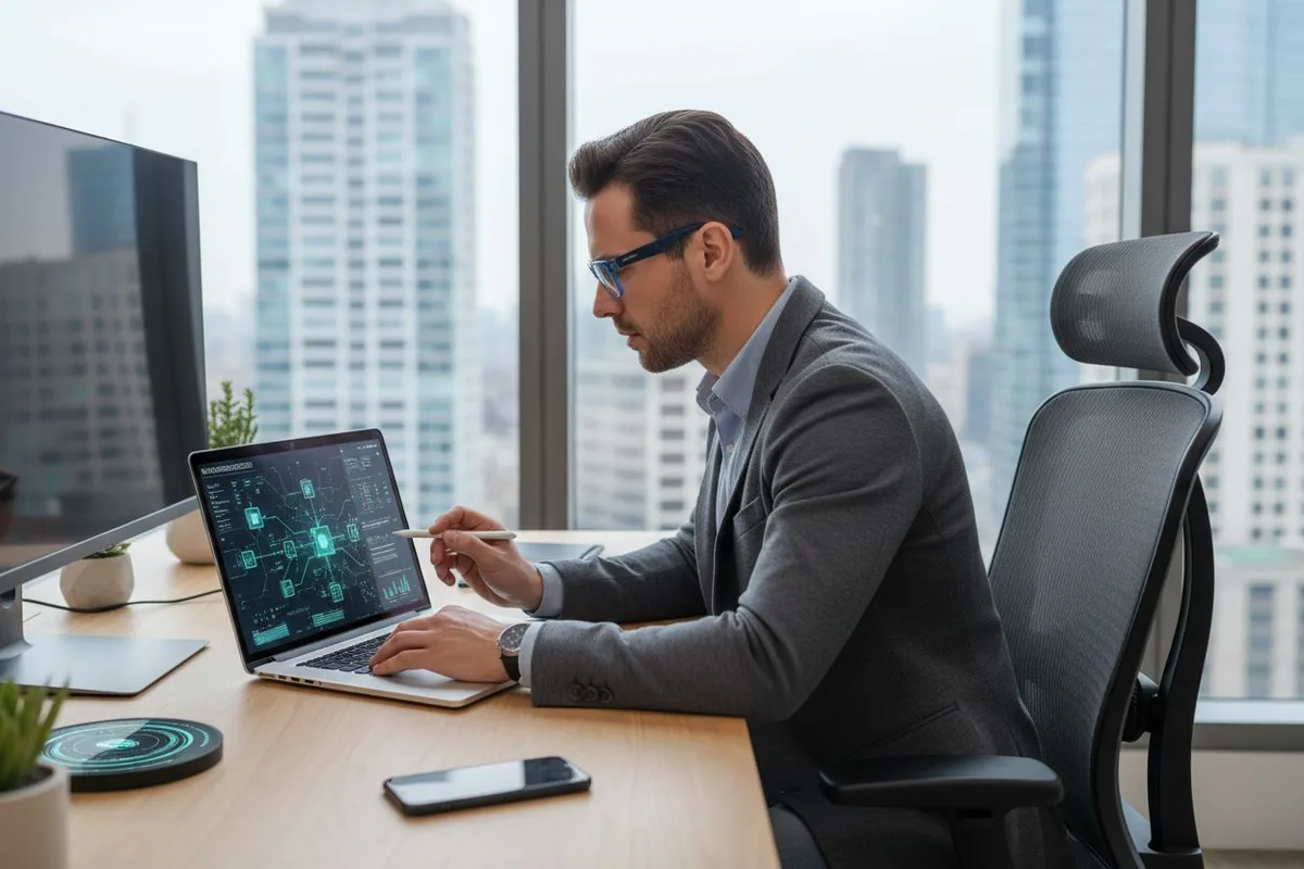 Professionnel à lunettes étudiant une interface de blocs blockchain sur son ordinateur, dans un bureau en hauteur
