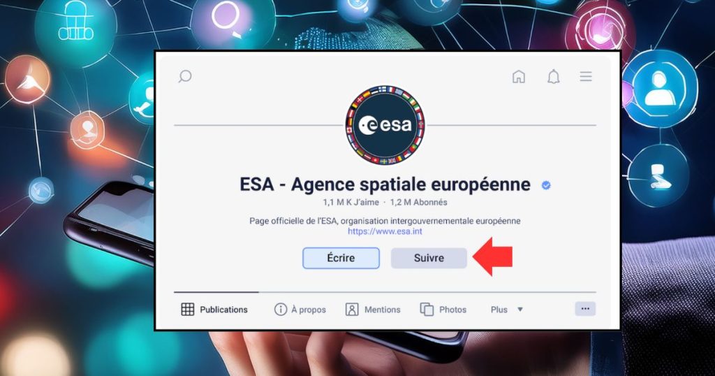  Dans la page du réseau social de l’Agence spatiale européenne, sur quoi doit-elle cliquer ?